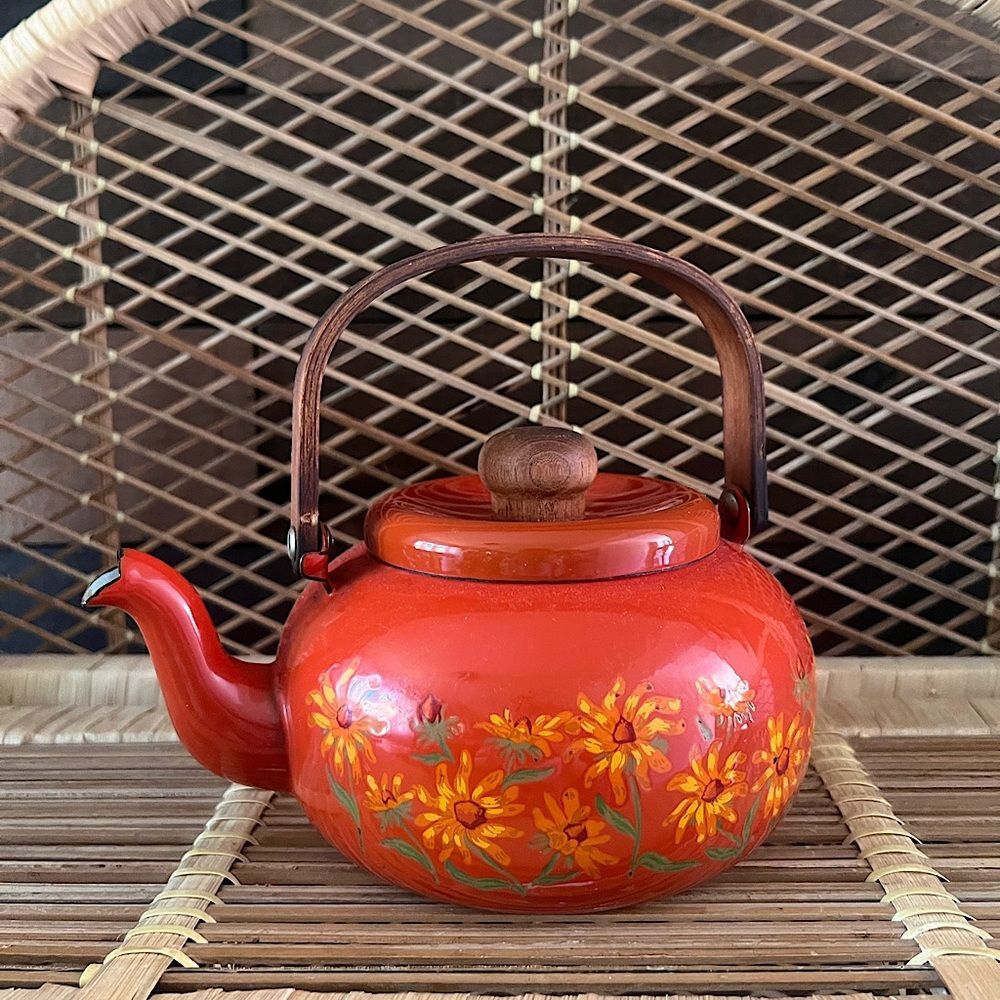 Vintage Enameled Tea Kettle Pot Japan Teak Handle Flower Power Floral AS IS